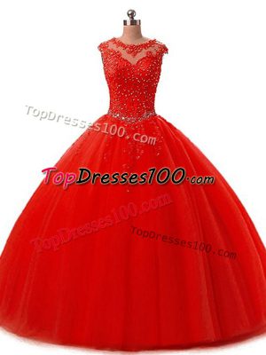 Most Popular Red Ball Gowns Beading and Lace 15th Birthday Dress Lace Up Tulle Sleeveless Floor Length
