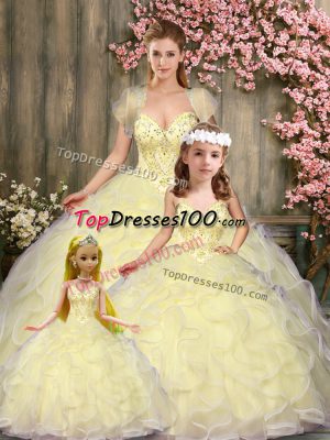 Discount Light Yellow Lace Up Sweetheart Beading and Ruffles Vestidos de Quinceanera Tulle Sleeveless