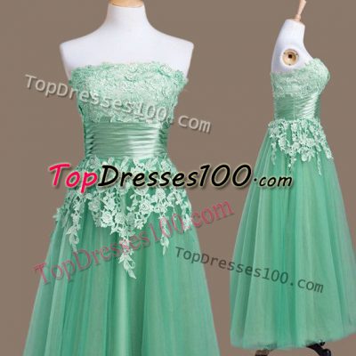 Excellent Turquoise Strapless Neckline Appliques Wedding Guest Dresses Sleeveless Lace Up