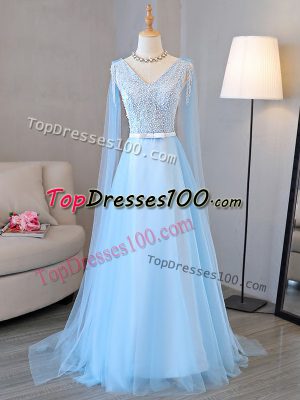 Edgy Baby Blue Empire Tulle V-neck Long Sleeves Beading and Belt Lace Up Prom Dresses