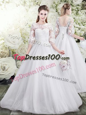 Vintage White A-line Tulle Scoop Half Sleeves Lace Floor Length Lace Up Wedding Dresses