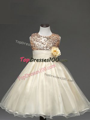 Champagne Girls Pageant Dresses Wedding Party with Sequins and Hand Made Flower Scoop Sleeveless Zipper