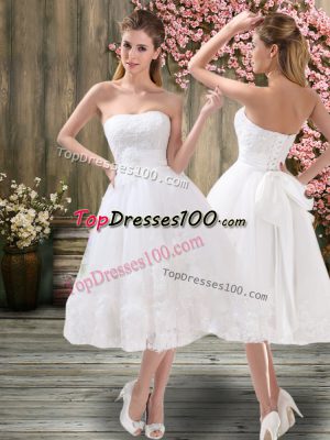 Simple A-line Bridal Gown White Sweetheart Organza Sleeveless Tea Length Lace Up