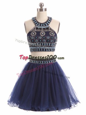 Navy Blue Two Pieces Tulle Scoop Sleeveless Beading Mini Length Zipper Cocktail Dresses