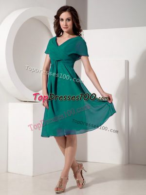 Sexy Knee Length Turquoise Mother Dresses Chiffon Short Sleeves Ruching