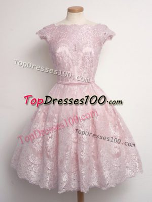 Colorful Scalloped Cap Sleeves Lace Up Bridesmaid Gown Baby Pink Lace