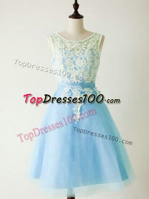 Sexy Lace Wedding Guest Dresses Light Blue Lace Up Sleeveless Knee Length