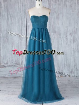 Vintage Teal Tulle Side Zipper Bridesmaid Dresses Sleeveless Floor Length Appliques