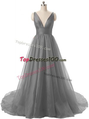 Traditional Backless Evening Dress Grey for Prom and Party and Military Ball with Ruching Brush Train
