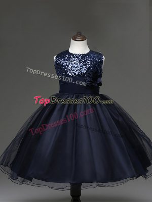 Affordable Sleeveless Zipper Knee Length Sequins and Hand Made Flower Kids Pageant Dress