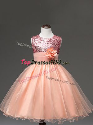 Peach Tulle Zipper Scoop Sleeveless Knee Length Pageant Gowns For Girls Sequins and Hand Made Flower