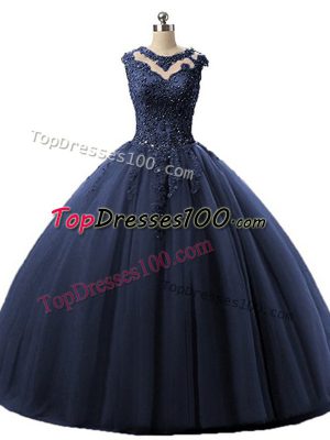 Ball Gowns Quinceanera Dress Navy Blue Scoop Tulle Sleeveless Floor Length Lace Up