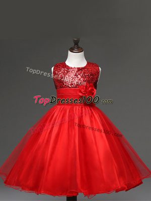 Fashion Red Ball Gowns Sequins and Hand Made Flower Pageant Gowns For Girls Zipper Tulle Sleeveless Knee Length