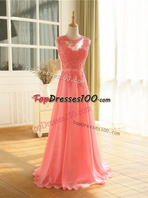 Fine Scoop Sleeveless Zipper Womens Evening Dresses Watermelon Red Chiffon