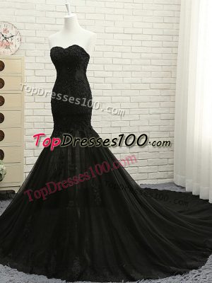 Custom Designed Sleeveless Tulle Court Train Lace Up Evening Dress in Black with Lace and Appliques