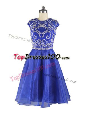 Custom Fit Blue Organza Zipper Scoop Cap Sleeves Mini Length Dress for Prom Beading