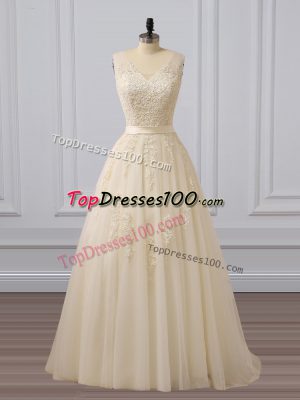 V-neck Sleeveless Evening Dress Brush Train Lace and Appliques Champagne Tulle