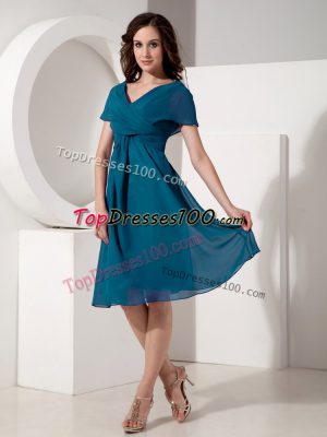 Best Empire Mother of Bride Dresses Teal V-neck Chiffon Short Sleeves Knee Length Zipper
