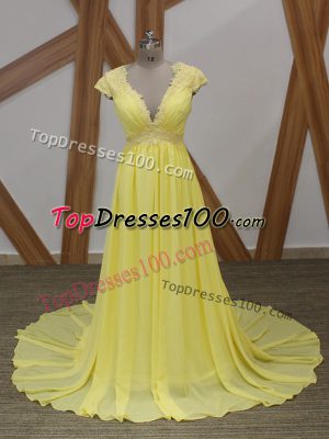 Elegant V-neck Short Sleeves Prom Evening Gown Brush Train Lace and Appliques Yellow Chiffon