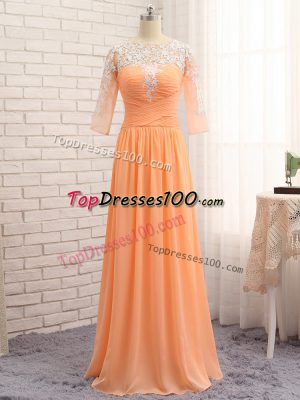 Popular Orange Chiffon Zipper Bateau Long Sleeves Floor Length Evening Outfits Lace and Appliques and Ruching