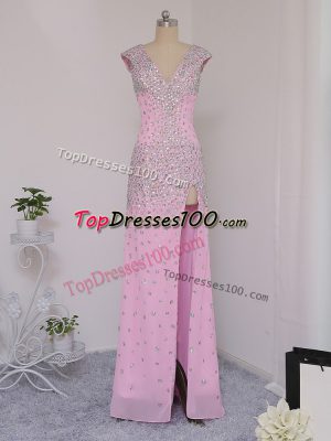 Custom Designed Lilac Chiffon Backless V-neck Short Sleeves Floor Length Homecoming Dress Beading
