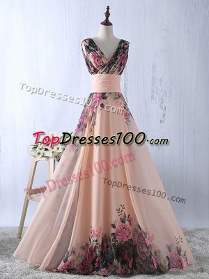 Unique V-neck Sleeveless Printed Prom Gown Ruching Lace Up