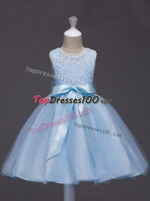 Perfect Lace and Belt Kids Formal Wear Light Blue Zipper Sleeveless Knee Length