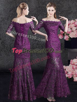 Mermaid Off the Shoulder Floor Length Lace Up Mother Dresses Purple for Prom and Party with Lace