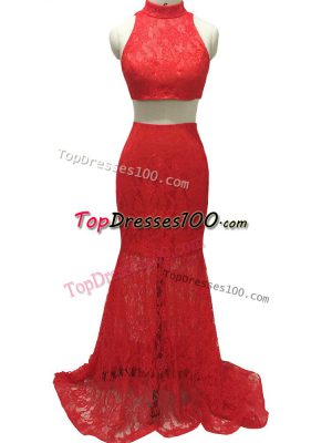 Smart Red Sleeveless Lace Zipper Prom Dress