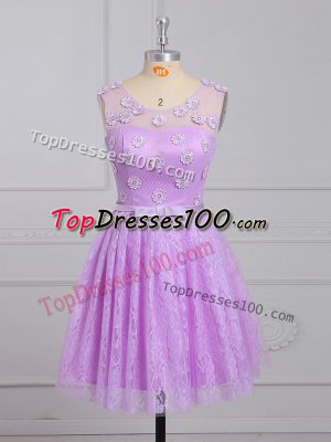 Shining Appliques and Belt Bridesmaid Gown Lilac Lace Up Sleeveless Mini Length