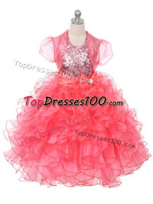 Coral Red Ball Gowns Ruffles and Sequins and Bowknot Little Girl Pageant Gowns Lace Up Organza Sleeveless Floor Length