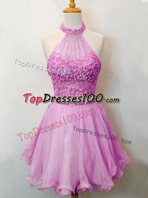 Chic Knee Length Lace Up Wedding Party Dress Lilac for Prom and Party and Wedding Party with Beading