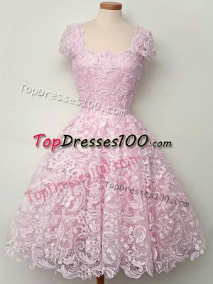 Lace Straps Cap Sleeves Lace Up Lace Wedding Party Dress in Lilac