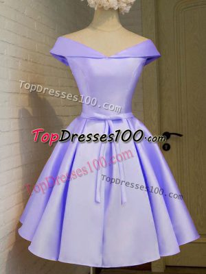 Shining Lavender A-line Belt Dama Dress Lace Up Taffeta Cap Sleeves Knee Length