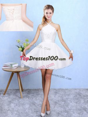 Great White Chiffon Lace Up Dama Dress for Quinceanera Sleeveless Mini Length Lace and Appliques