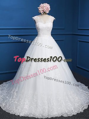 Smart Sleeveless Tulle Brush Train Backless Wedding Gowns in White with Lace and Appliques
