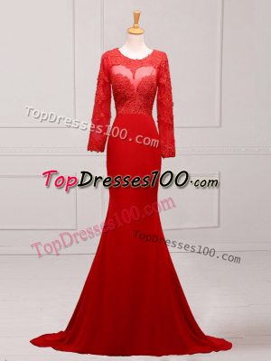 Red Zipper Mother of Groom Dress Lace and Appliques Long Sleeves Brush Train