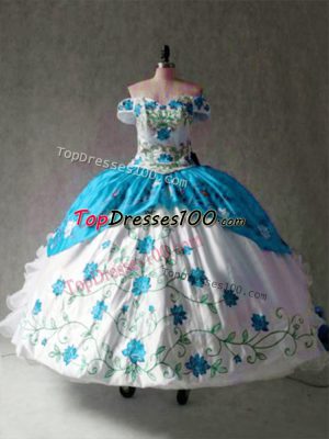 Organza and Taffeta Off The Shoulder Cap Sleeves Lace Up Embroidery and Ruffles Quinceanera Gowns in Blue And White