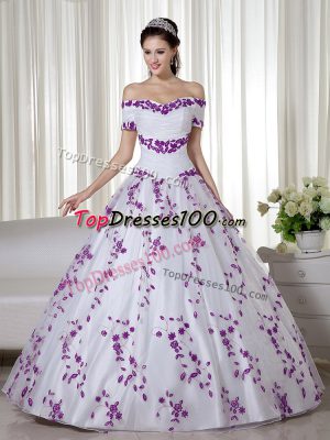 Beautiful Off The Shoulder Short Sleeves Lace Up Quinceanera Gown White Organza