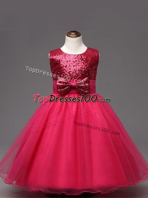 High End Hot Pink Ball Gowns Sequins and Bowknot Teens Party Dress Zipper Organza Sleeveless Tea Length