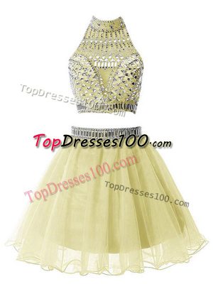 Knee Length Yellow Wedding Party Dress Organza Sleeveless Beading