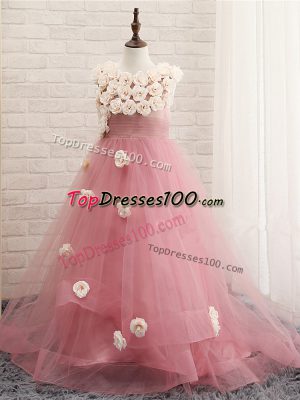 Custom Design Tulle Scoop Sleeveless Brush Train Zipper Hand Made Flower Little Girls Pageant Dress in Pink