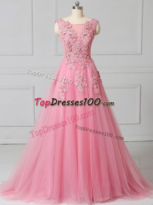 Pink Lace Up Scoop Appliques Prom Evening Gown Tulle Sleeveless Brush Train