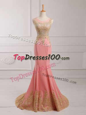 Perfect Watermelon Red Chiffon Side Zipper Scoop Sleeveless Prom Party Dress Brush Train Lace and Appliques