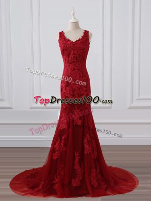 Fantastic Sleeveless Lace Brush Train Zipper Mother of the Bride Dress in Red with Lace and Appliques