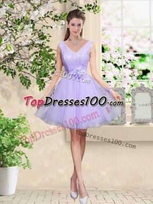 Low Price Sleeveless Tulle Knee Length Lace Up Wedding Guest Dresses in Lilac with Lace and Belt