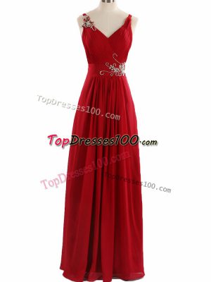 Red V-neck Neckline Beading and Ruching Evening Dresses Sleeveless Zipper