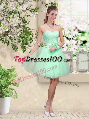 Apple Green A-line Tulle Sweetheart Sleeveless Lace and Belt Knee Length Lace Up Wedding Guest Dresses