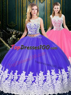 Exceptional Floor Length Clasp Handle Sweet 16 Dress Blue And White for Military Ball and Sweet 16 and Quinceanera with Appliques and Embroidery