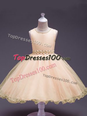 Dazzling Knee Length Peach Toddler Flower Girl Dress Organza Sleeveless Beading